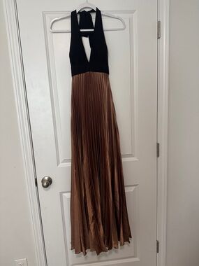 Betsy & Adam Black Halter Top with Bronze Pleated Skirt Maxi Dress